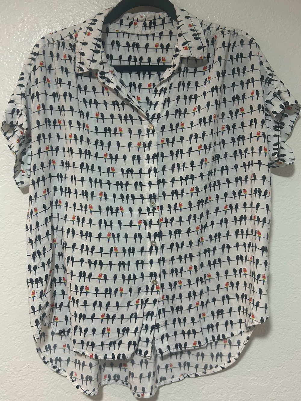 Jane+Delancey White Button Blouse with Birds on Wire and Colorful Parrot Print